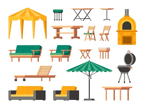 Garden furniture. Cartoon wooden patio chair table and sofa, lounge outdoor terrace icons, backyard umbrella and barbecue grill. Vector isolated set. Comfortable furnishing for outdoor leisure