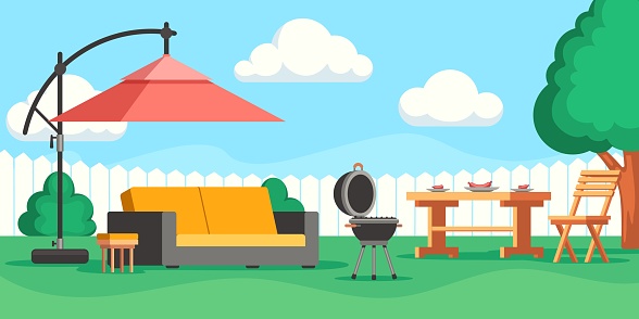 Backyard patio. Cartoon summer garden with lounge outdoor furniture and barbecue grill, outside house terrace or veranda scene. Vector illustration. Grilled sausages on table with umbrella