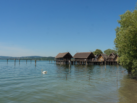Unteruhldingen, Germany - October 16, 2016: Pfahlbauten, Unteruhldingen, Reconstructed neolithic lake dwelling on the shore of lake constance (locally known as Bodensee)