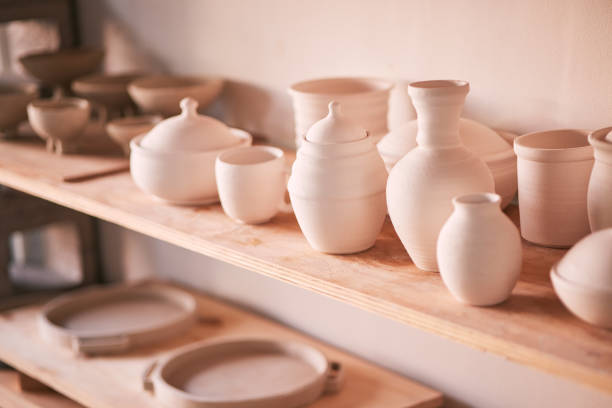 istock Ceramics background, shelf and pottery in studio, creative store or manufacturing startup. Clay design, collection and display in workshop, small business and retail craft market of stock production 1474844152