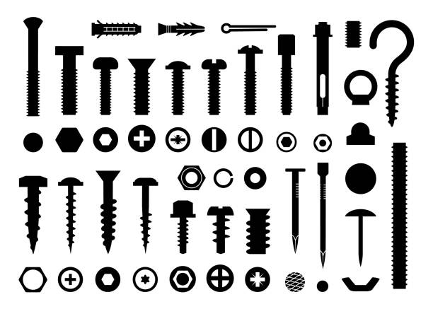 schraubenwerkzeug-set, bolzen und nagelmutter. haken und verschluss, zimmermannssymbole, baubohrer, drahtreifen, geschäftsbau. flache, isolierte elemente. vector black silhouette utter kollektion - schraube stock-grafiken, -clipart, -cartoons und -symbole