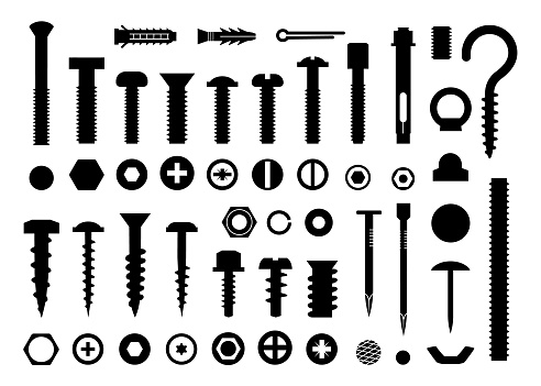 Screw tools set, bolt and nail nut. Hook and fastener, carpenter icons, building drill, clincher, business construction. Flat isolated elements for building. Vector black silhouette utter collection