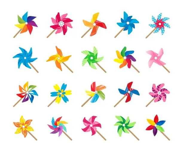 Vector illustration of Pinwheel toy. Cartoon paper windmill colorful baby toy rotated by wind energy, cute pinned wheel summer toy collection. Vector origami fan set
