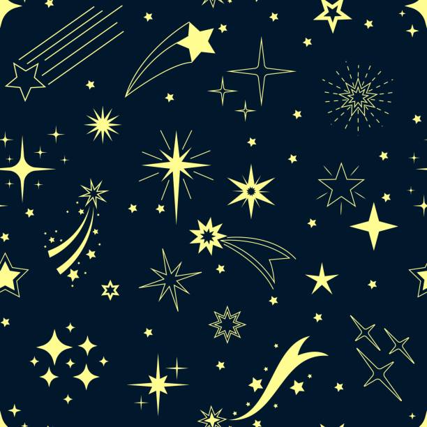 ilustrações, clipart, desenhos animados e ícones de padrão noturno estrelado. impressão perfeita com estrela cadente e cometa caindo, céu noturno com paisagem cosmos. textura vetorial - star trail galaxy pattern star