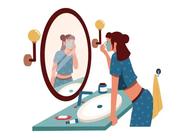 Vector illustration of Woman looking at bathroom mirror. Morning girl hygiene and cosmetics routine, cartoon character standing before mirror. Vector self acceptance or narcissism concept