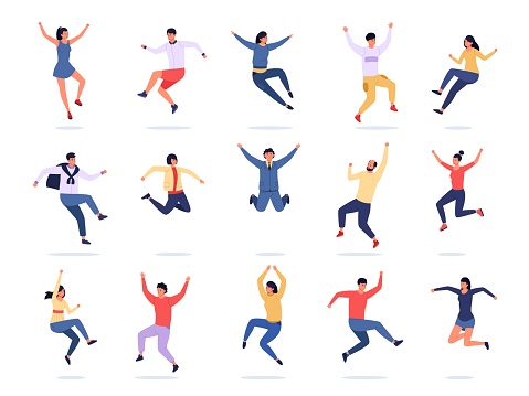 Jumping people. Happy young characters express emotions, teen group in colorful trendy clothes. Vector joyful flying persons in motion, male and female avatars. Cheerful man and woman office workers