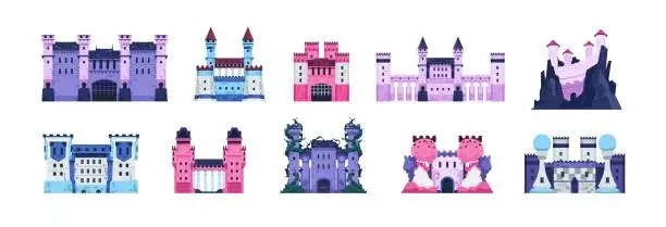 Vector illustration of Fairytale castles. Cartoon medieval historic fortress with towers, stone walls and wooden gate, old kingdom palace. Vector fort isolated set