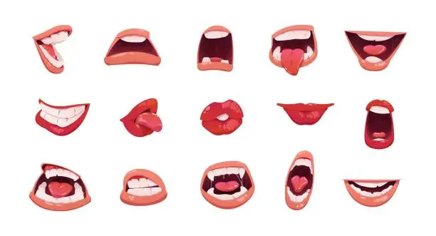 Vector illustration of Cartoon mouth. Open and clothed lips, sad laugh smile anger cute face emotion with tongue and teeth. Vector mouth facial expression isolated set
