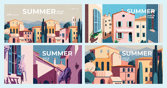 Summer nature landscape horizontal poster, cover, card set with summer town, street, houses, mountains and typography design. Summer holidays, vacation travel in Europe illustrations.