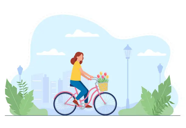 Vector illustration of Cute girl rides a bicycle in a park outside the city. Young woman on a bicycle. Charming woman cyclist. Vector illustration