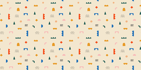 Fun colorful doodle seamless pattern. Creative minimalist style art background for children or trendy design with geometric shapes. Simple childish backdrop.
