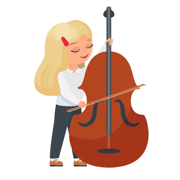 Vector illustration of Little girl playing contrabass