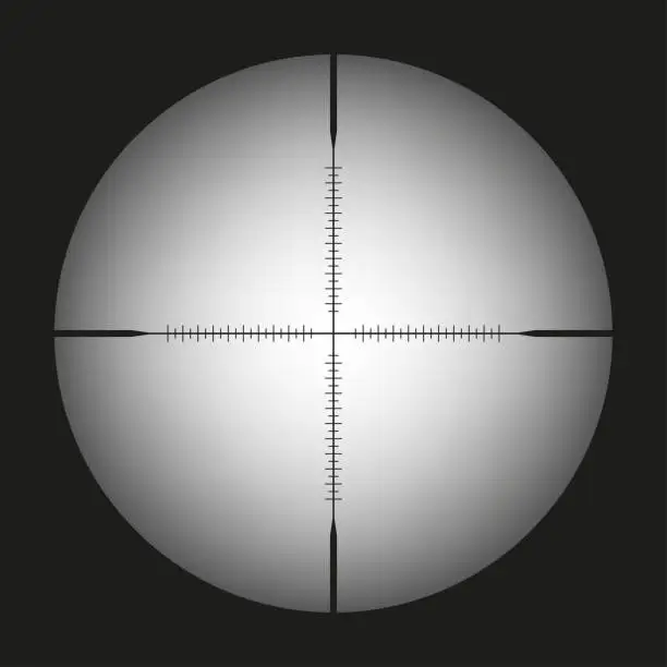 Vector illustration of Sniper scope template, with measurement marks on isolated background. View through the sight of a hunting rifle. The concept of aiming, the search for the main goal. Vector illustration