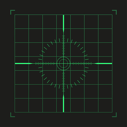 Radar screen (raster image). Sniper scope template with measurement marks on white isolated background. The concept of aiming, finding the main goal. Vector illustration