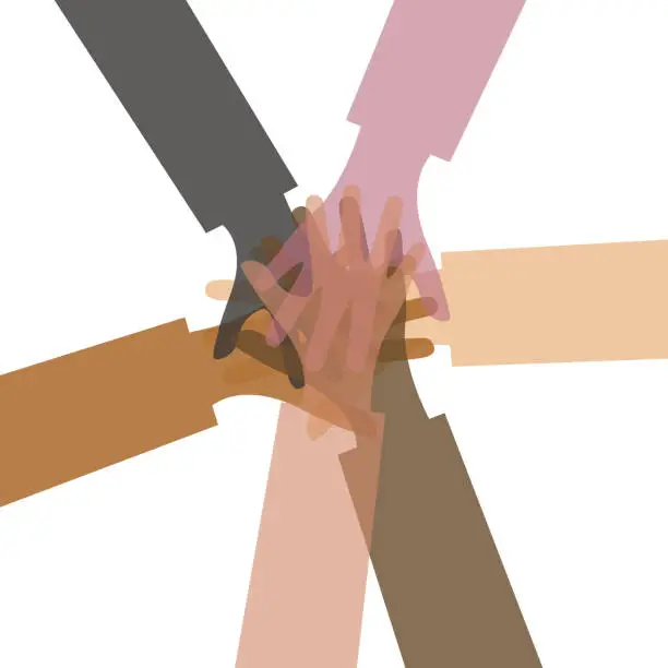 Vector illustration of People's hands. Group the different arms and hands in a circle on top of each other. Teamwork, community, common idea, victory. Mixed race, racial equality, different nationalities. Vector illustration