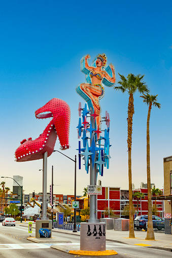 Las Vegas, USA - March 9, 2019: Close up of the famous Ruby Slipper neon sign, downtown Las Vegas, near the Fremont Street Experience. Las Vegas is known for its historical neon signs.