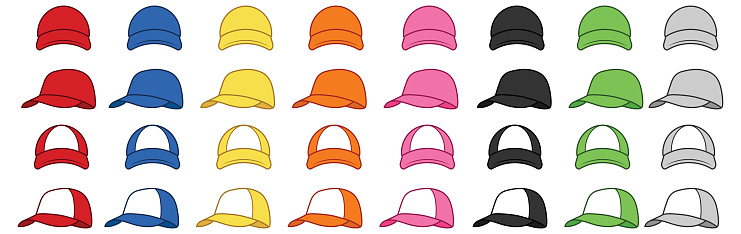 A Multi Color Baseball Hat Clipart Set with Front and side views. Front is left blank for customization.