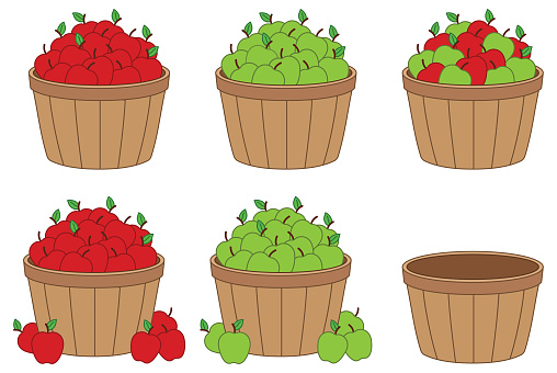 Apple Picking Basket with Outline, Silhouette and Color versions. It includes red and green apples as well as an empty basket.