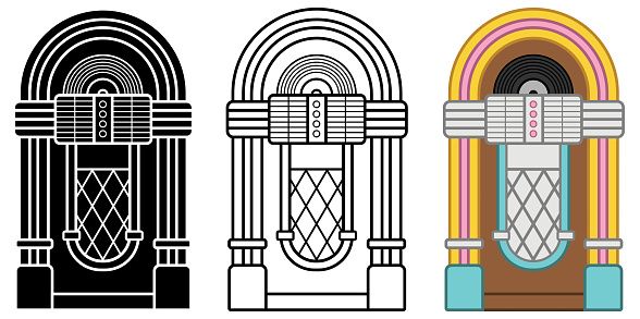 A retro cartoon jukebox music play clipart set. It includes outline, silhouette and color variations.