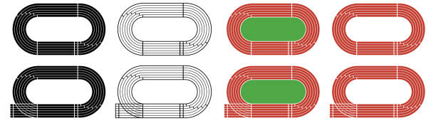 트랙 및 필드 러닝 트랙 클립 아트 윤곽선, 실루엣 및 색상 변화가있는 트랙 및 필드 러닝 트랙 클립 아트를 설정합니다. - track and field stock illustrations