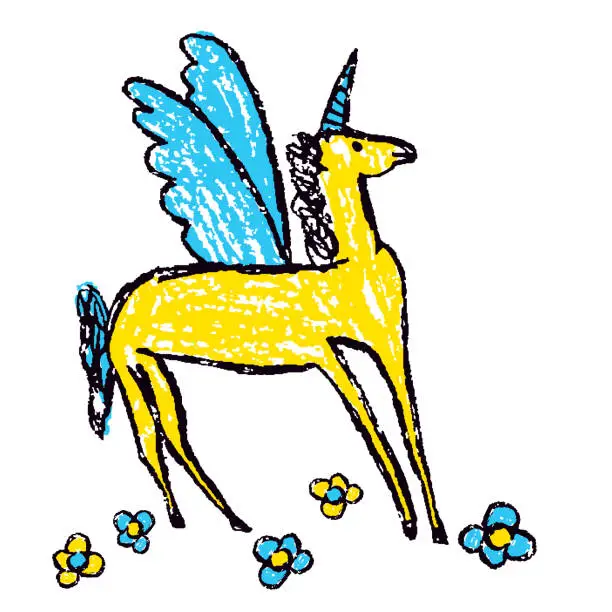 Vector illustration of Funny happy blue yellow pegasus unicorn horse with flowers. Crayon like child`s hand drawn cute fantasy fairy animal.