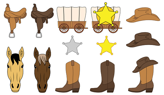 Country Western clipart bundle that includes  a western wagon, horse face, saddle, cowboy boots, cowboy hat and sheriff star.