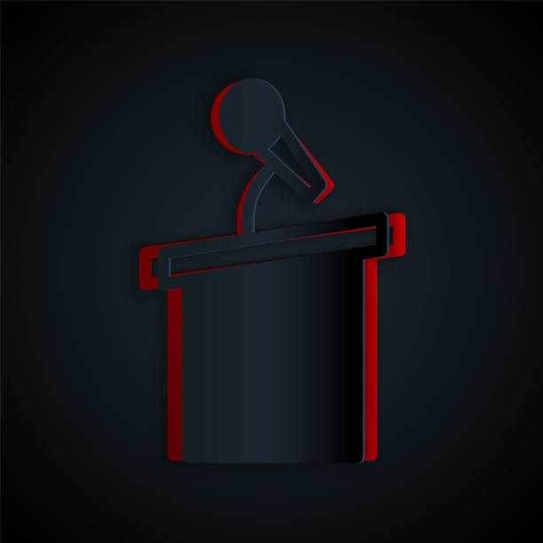 ilustrações de stock, clip art, desenhos animados e ícones de paper cut stage stand or debate podium rostrum icon isolated on black background. conference speech tribune. paper art style. vector - winners podium audio