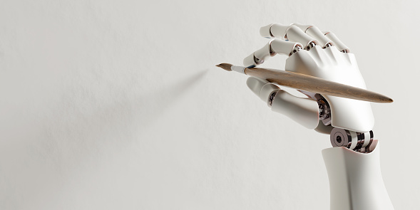 Robotic hand drawing with a paintbrush on a white canvas. Artificial intelligence learns creativity. 3d illustration with space for text and images.