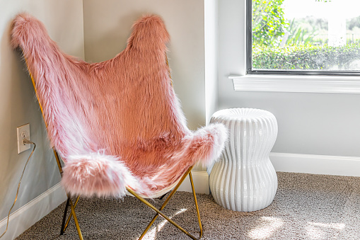 Saucer cozy pink chair faux fur cover in bright modern room interior by window decor decorations in model staging home, apartment or house