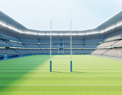A rugby stadium with posts on a marked green grass pitch in the day time - 3D render