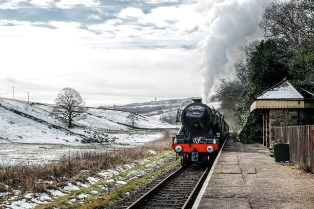 aquí viene the flying scotsman - locomotive steam train train snow fotografías e imágenes de stock
