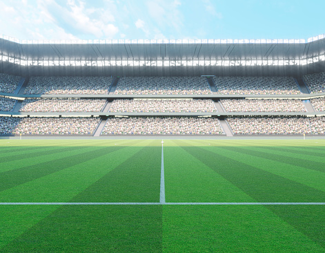 A soccer stadium with goals on a marked green grass pitch in the day time - 3D render