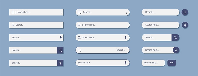 Phone search bar. Internet finding form with button and link. Website UI. Mobile web box. Cursor in online browser. Click on address information. Interface elements set. Vector design tidy template