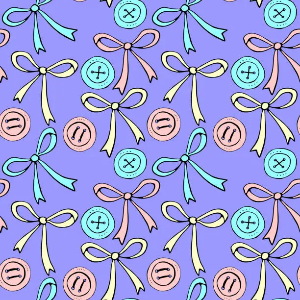 Vector illustration of Seamless pattern with different bows, ribbons, clothes buttons. Cute fun color vector background, texture for fabric, wrapping paper, kids design. Sewing, textile theme.