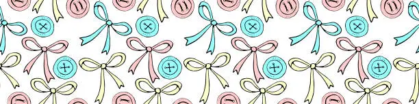 Vector illustration of Seamless pattern with different bows, ribbons, clothes buttons. Cute fun color vector background, texture for fabric, wrapping paper, kids design. Sewing, textile theme.