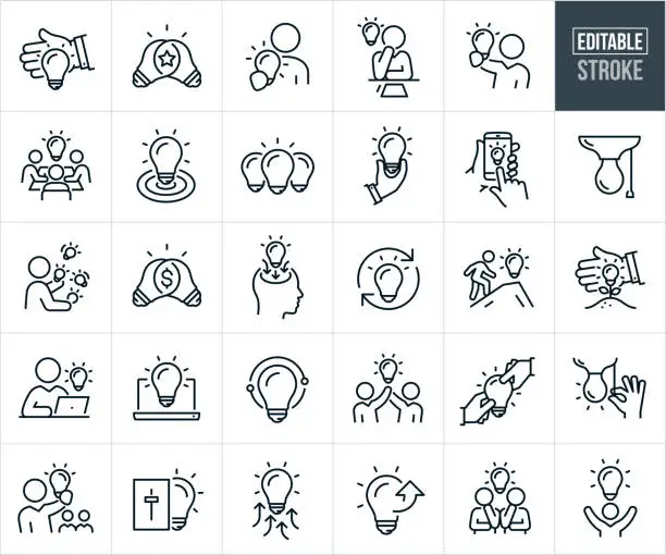 Vector illustration of Lightbulbs, Creativity And Inspiration Thin Line Icons - Editable Stroke