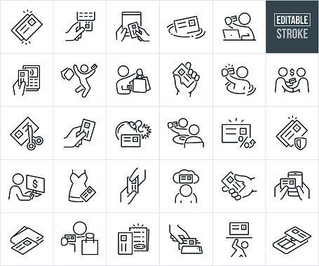 A set of credit card spending and debt icons that include editable strokes or outlines using the EPS vector file. The icons include a credit card, credit card being inserted into a credit card reader, a credit card being used to purchase from a tablet PC, a credit card sinking in the water, person stopping from laptop computer with a credit card, hand tapping credit card on credit card reader to pay, shopper with sopping bags jumping for joy after making a credit card purchase, hand holding up a credit card, shopper sinking in water from credit card debt while holding up a credit card, person shaking hands with another person and presenting a credit card as a form of payment, credit card being cut with a pair of scissors, hand holding out a credit card as a method of payment, credit card with bomb to represent the dangers of using a credit card, customer in restaurant holding up credit card as a form of payment, rising interest rates on a credit card, credit card with security shield, customers hand passing credit card to merchant as a method of payment, person with head down in credit card debt, credit car being used to make an online purchase from smartphone, credit card and wallet, shopper holing up credit card and a retail shopping bag, credit card and a receipt, credit card being swiped on a credit card reader, person in debt being crushed by a credit card and a mousetrap with a credit card being used as bait to represent the dangers of credit card debt.