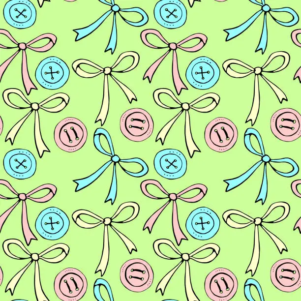 Vector illustration of Seamless pattern with different bows, ribbons, clothes buttons. Cute fun color vector background, texture for fabric, wrapping paper, kids design. Sewing, textile theme.