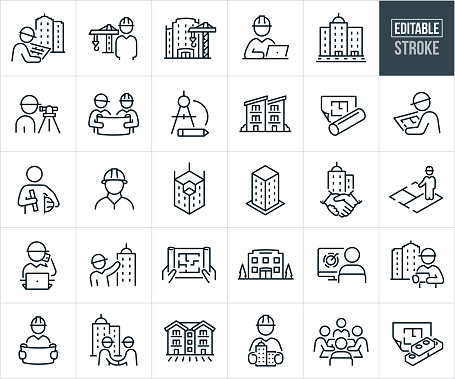 A set of building architecture and engineering icons that include editable strokes or outlines using the EPS vector file. The icons include an engineer reviewing building blueprints with a building in the background, engineer with construction crane in the background, construction crane with a building being constructed in the background, engineer working on laptop computer, high rise business buildings, surveyor using surveying equipment, two architects reviewing a blueprint, drawing compass, condominium complex, blueprint, engineer looking over building blueprint, architect holding blue print in one hand and hard hat in the other hand, engineer with hard hat on head, building being constructed, high rise business building, construction engineer showing off building floor plan, construction engineer wearing hard had and talking on phone while working on computer, architect showing off constructed business building, hands holding blue print, architect working on plans at computer, architect holding a tablet pc with blue print plans to a business building, engineer reviewing blueprint, two engineers shaking hands with high rise building behind them, apartment building, townhouses, architects and engineers in a meeting at conference table and bricks with floor-plan.
