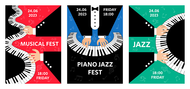 Piano performance. Jazz concert. Music posters. Keyboard and artists hands. Pop art player in tuxedo. Cool woman fingers play pianoforte. Musical fest banners set. Vector illustration current design