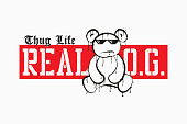 Graffiti bear that melts with meme pixel glasses and slogan for t-shirt design. Tee shirt with dripping graffiti art bear in gangster pixelated sunglasses. Thug life slogan for apparel print.