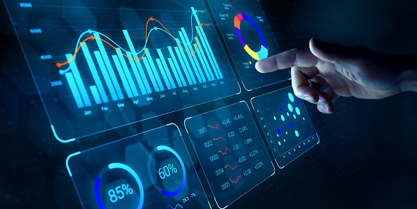 Data analyst working on business analytics dashboard with charts, metrics and KPI to analyze performance and create insight reports for operations management on virtual screen.