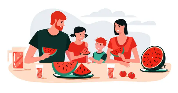 Vector illustration of Family Summer Breakfast or Dinner.