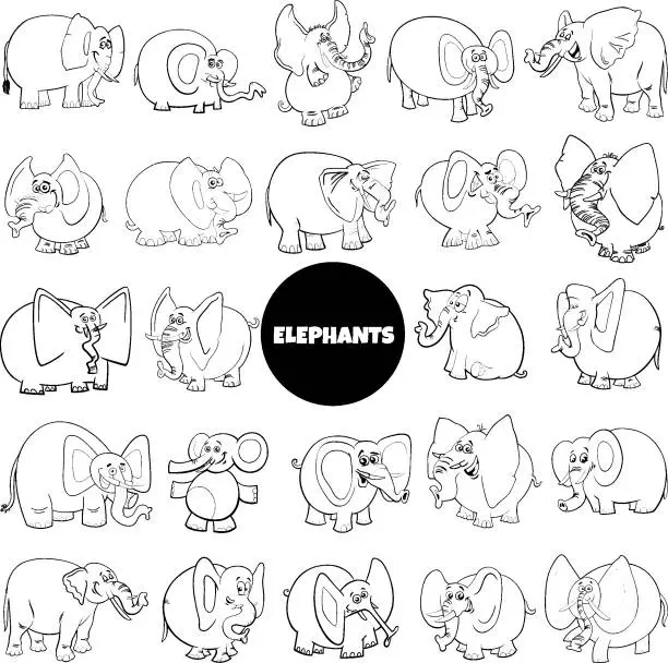 Vector illustration of cartoon elephants animal characters big set coloring page
