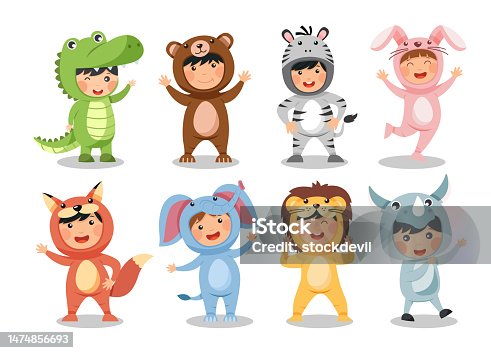 istock Set of happy children is wearing animal costumes . Crocodile Bear Zebra Rabbit Fox Elephant Lion Rhinoceros . Flat cartoon characters design . Vector . 1474856693