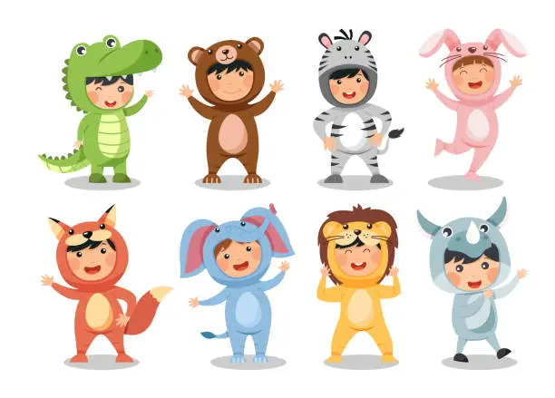 Vector illustration of Set of happy children is wearing animal costumes . Crocodile Bear Zebra Rabbit Fox Elephant Lion Rhinoceros . Flat cartoon characters design . Vector .