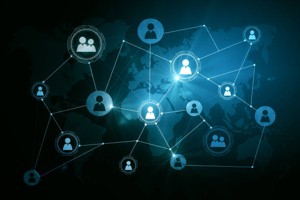 istock Global social network concept with digital graphic user symbols connected by lines on blue world map background. 3D rendering 1474857584