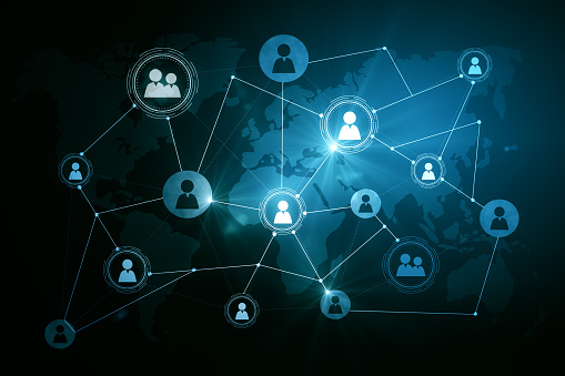 Global social network concept with digital graphic user symbols connected by lines on blue world map background. 3D rendering