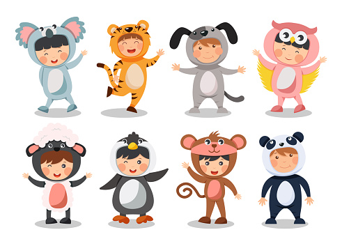 Set of happy children is wearing animal costumes . Koala bear Tiger Dog Owl Sheep Penguin Monkey Panda . Flat cartoon characters design . Vector .