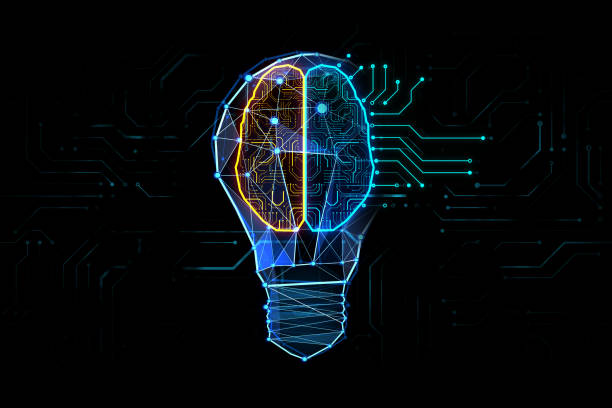 Creative idea and artificial intelligence concept with digital micro circuit in form of human brain inside blue light bulb on abstract dark background. 3D rendering
